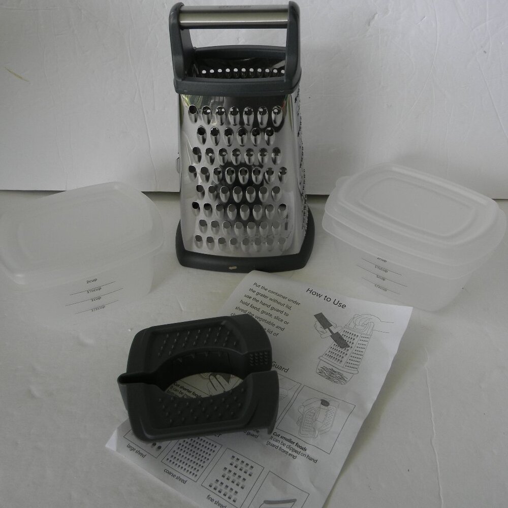 NEW Prepology SS Box Grater w/ 2 Catch Bins & Hand Guard CRACKED PEPPER